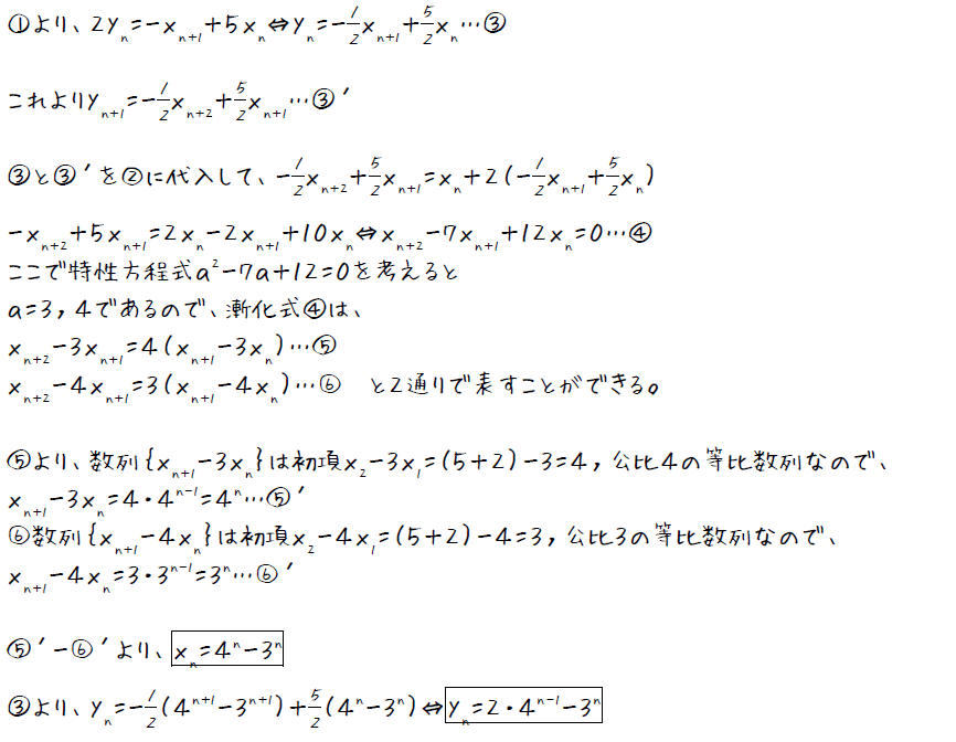 連立漸化式の解き方（隣接３項間にもちこむ）【高校数学Ｂ】 （答え）