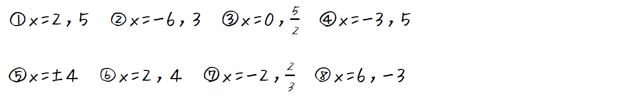二次方程式の解き方（因数分解）【高校数学Ⅰ】（答え）